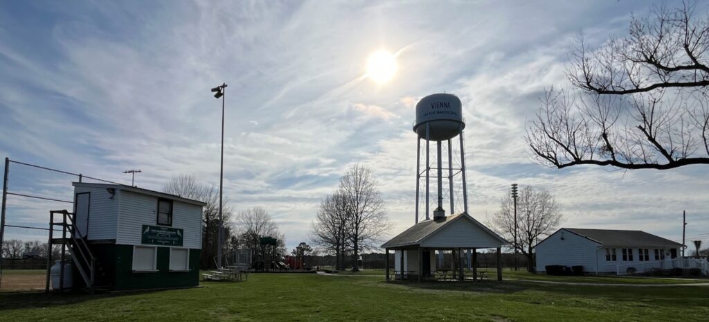 Vienna ballpark, playground, water tower, and town hall